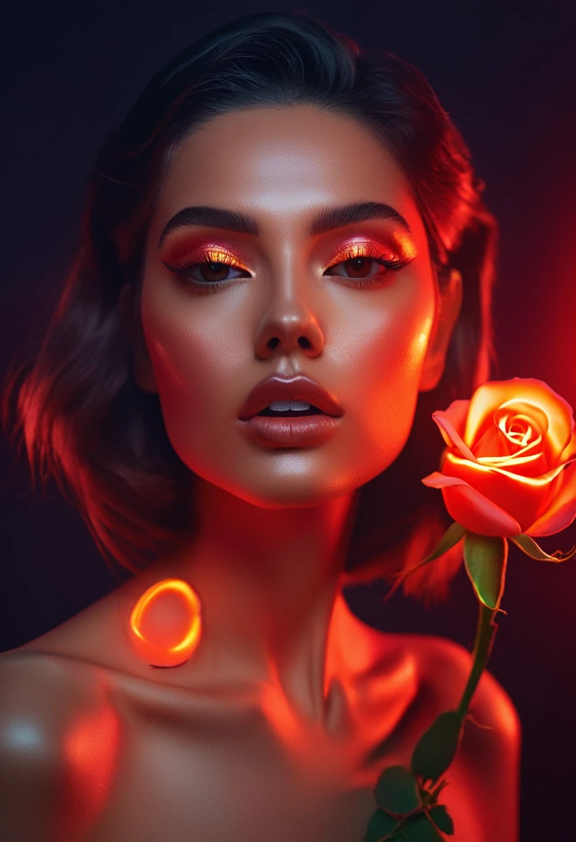 a woman with a neon rose on fire, flawless skin, whimsical photography style, photo captured by an Arriflex 35BL camera using Canon K25 prime lenses, cinematic, dramatic lighting, ultra clear, breathtaking surreal masterpiece. sensual pose
