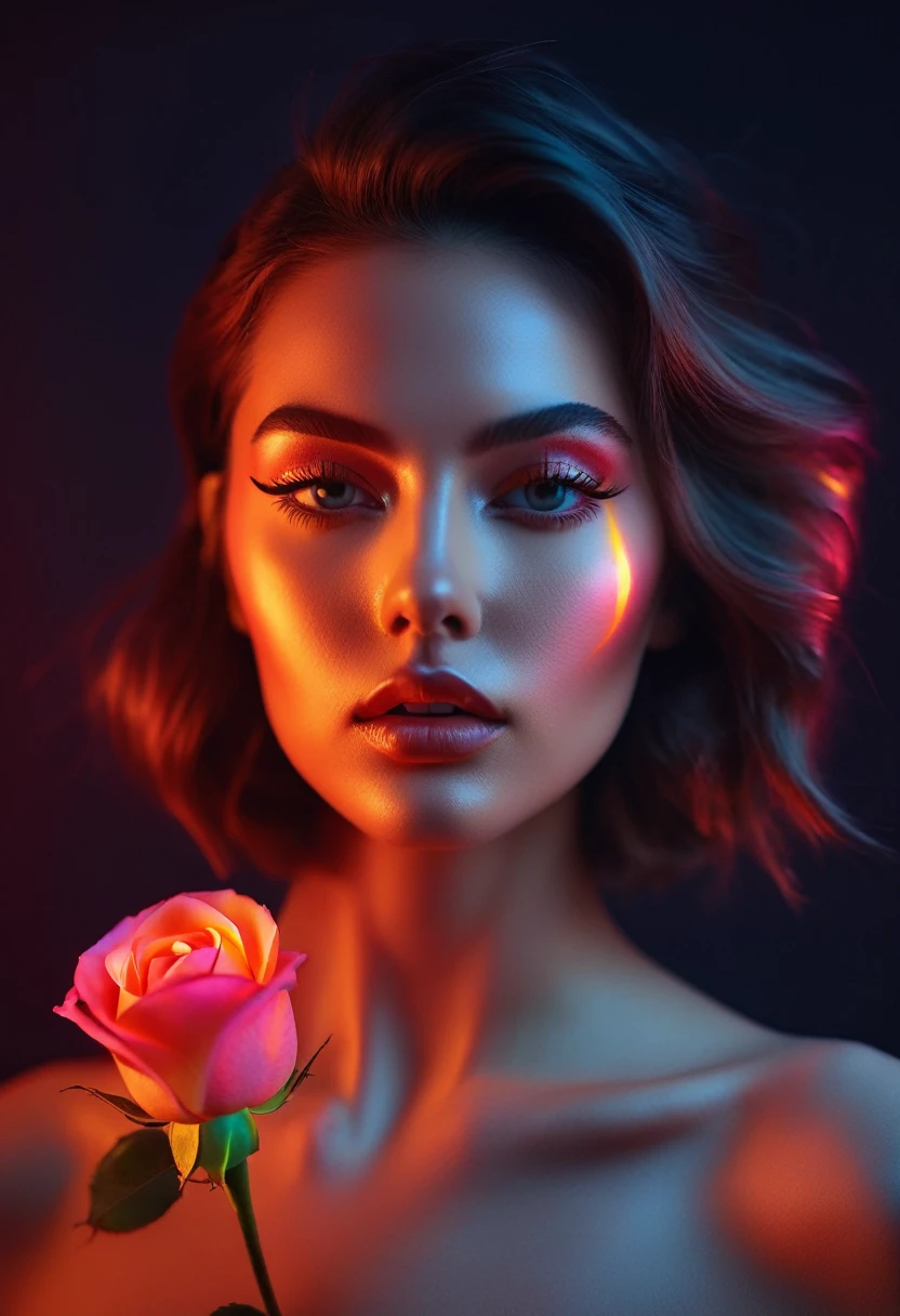 a woman with a neon rose on fire, flawless skin, whimsical photography style, photo captured by an Arriflex 35BL camera using Canon K25 prime lenses, cinematic, dramatic lighting, ultra clear, breathtaking surreal masterpiece. sensual pose