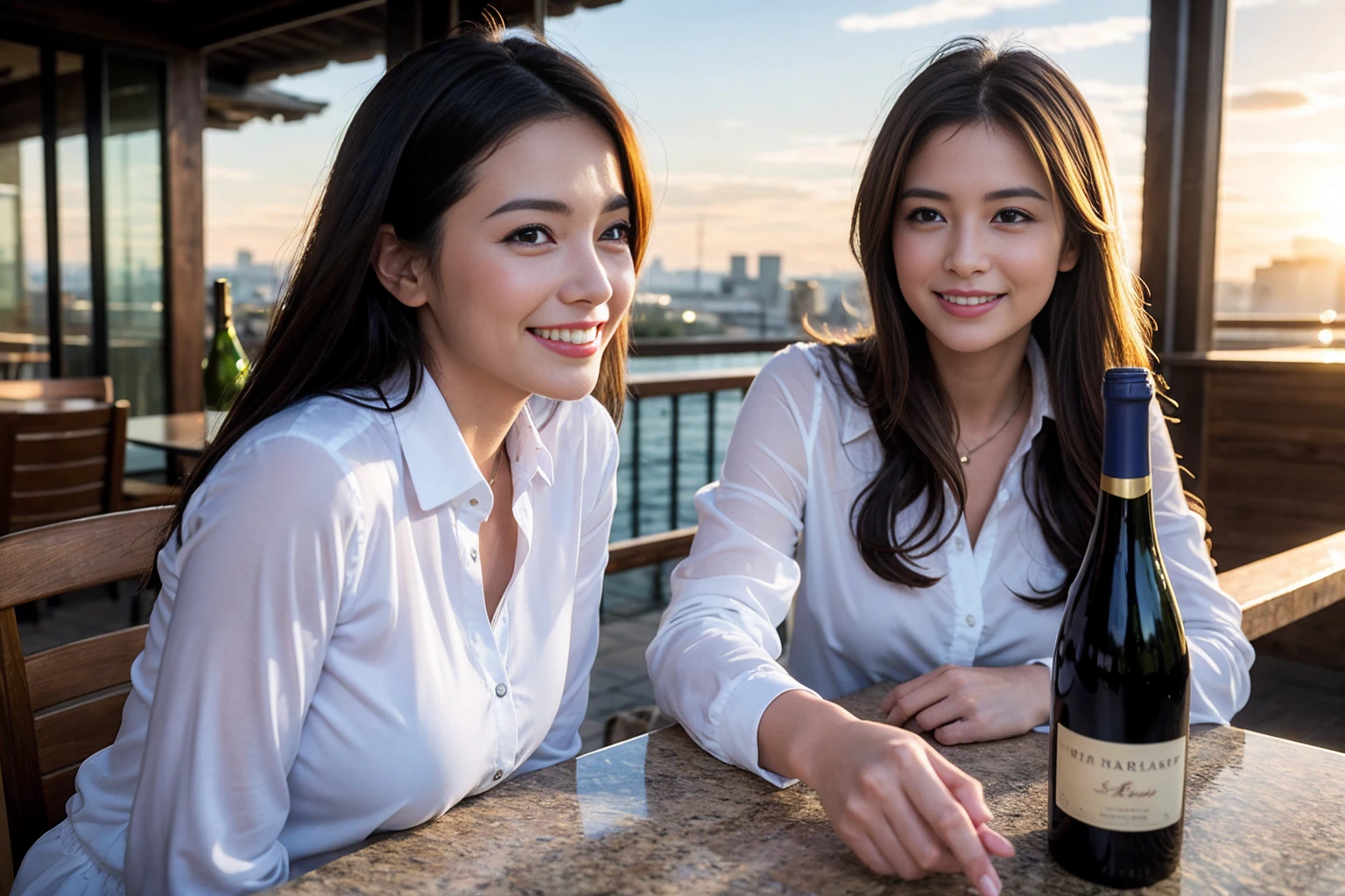 ((Highest quality、、masterpiece:1.3))、1 male、1 female、spouse、Beautiful couple、smile、full-course dinner、 (Slim face), (the body is スリム), (Brown Hair), (Shortcuts), ((Bob Hale、Straight hair:1.2)), テーブルの上のwine glass、Put the light on your face、 Amazing view of the sunset sky and clouds、smileの美しさ、Bright image、Blushing, Shortcuts, (43 years old), 39 years old, Appetizers、Italian food、Wine bottle、Champagne、sparkling wine、Long sleeve shirt、dress、Attractive beauty、restaurant, Nova Frog Style, actress, model, Upper Body, White wine, red wine, wine glass, 