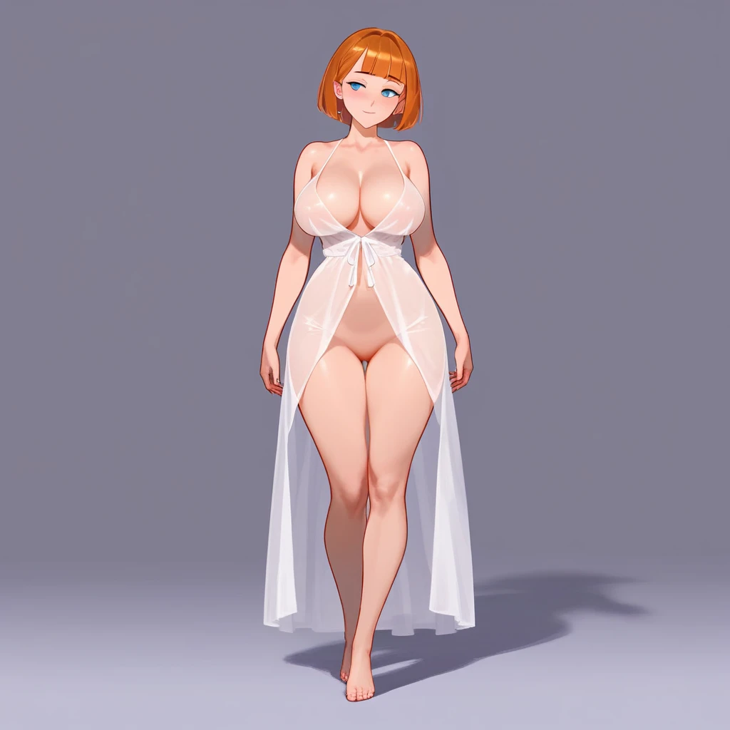 maddie fenton, a sexy milf, pixiv artwork, masterpiece, full body shot, wearing a see-through sundress, seducing you, orange hair in a bob, seductive, no panties, no bra, curvy toned physique with big breasts and ass and tiny waist,