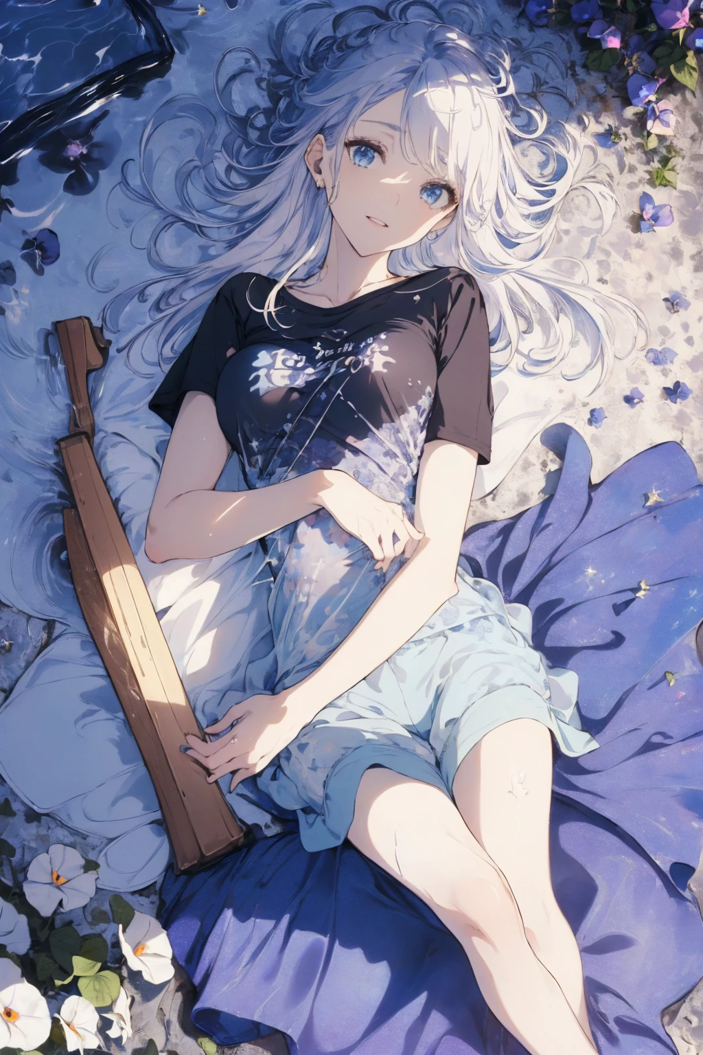 (water photo:1.1,simple t-shirt, in blue waterfront garden:1.5), Masterpiece, best quality, (very detailed CG unity 8k wallpaper), (best quality), High definition RAW color art, Animation,sculptures, (black Marble Skin), (((Ultra detailed elegant))), Magical atmosphere, Detailed skin, Texture,(Intricately detailed, Fine detail, ultra-detail art), depth of fields, bokeh, Silky Touch, Hyper Detail, beautiful eyes, Elegant Face, (lying on pastel white waterfront, morning glory), sparkle background, enormous breast:1.3, (silver hair), pastel purple, embarrassing smiley face, wide open udder, guitar, overall