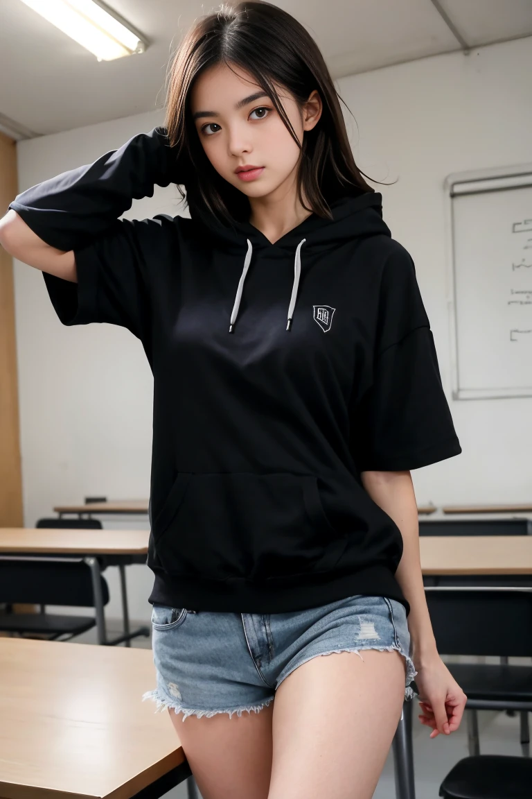 deux femmes ensemble de 18 ans sexy et mince , black short sleeve hoodie , salle de classe, se touche,position sey,sensuel