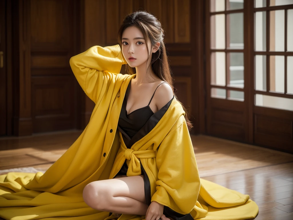 ((masterpiece)), (best quality),(detailed),Girl wearing yellow battle robe,black
