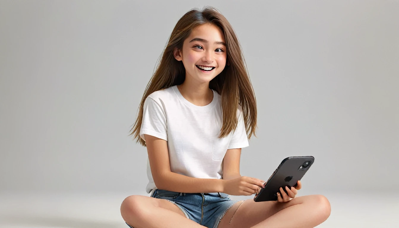 ((masterpiece, best quality)), award winning, 4k, 8k, simple background, photography, visible face, (one girl), 20 years old, age girl with a cheerful and playful demeanor. She has long, straight hair, a simple white plain t-shirt and denim shorts. sitting in, typing in Iphone. Pixar Character.