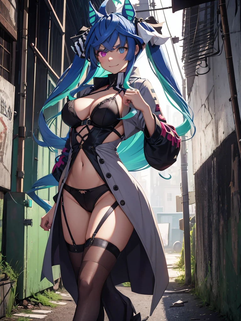 (Masterpiece, best quality, high res、highly detailed cg: 1), In a dimly lit back alley of an imaginary city, a streetwalker is standing confidently. She has flung open a long coat, revealing seductive lingerie or a provocative outfit underneath. The alley is narrow and shadowy, with the faint glow of distant streetlights casting an eerie light. The woman stands with a bold posture, her coat wide open to display her attire, exuding an air of defiance and allure. The background includes graffiti-covered walls and scattered debris, adding to the gritty urban atmosphere. The overall mood is one of stark contrast between the woman's boldness and the harsh environment around her. Twin_Turbo_Umamusume, aqua hair, twintails, heterochromia, purple eyes, blue eyes, sharp teeth, flat chest, (hores tails), ((mangled smile)), nsfw, slut