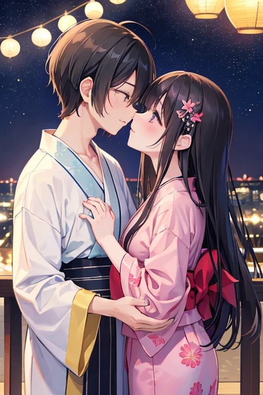 浴衣を着た大人のmalefemaleのカップル,laughing,Gazing at each other,Kiss each other,romantic,美しい場所で愛し合う会うmalefemaleの二人,Tanabata,Black Hair_male,Black yukata_male,Straight Hair_male,Dark Chestnut Hair_female,Pale pink yukata_female,Floral Yukata_female,Flower Hair Ornaments_female,Beautiful views,Two people holding hands,night,ベッドの上で愛し合うmalefemaleの二人,Room with a view of the stars