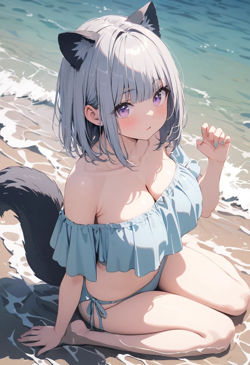 (best quarity,ultra detailed,ultra-high-resolution, absolutely resolution,8k, masterpiece),anime,(pale colors:1.8),long shot, 1girl, solo, cat mouth, hands up, Sitting on the edge of the waves,beach, wariza, from behind, looking front, blue hair, bobcut, straight hair, racoon ears, racoon tail, (brown streaked hair:1.3), (blunt bangs) ,thick eyebrows, big breast, off shoulder bikini, after sunset, fullbody,