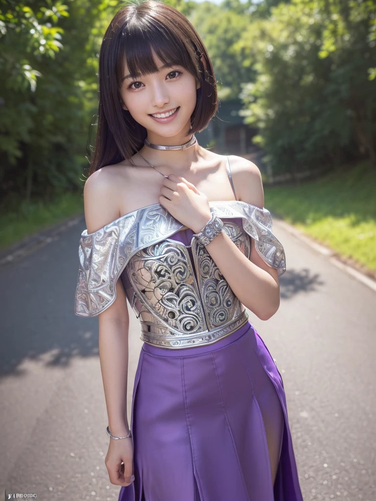 a beautiful japanese girl, very cute high school girl assassin, detailed portrait of innocent 16 years old virgin, in front of a lord's manor at the main entrance, ((off-shoulder silver breastplate, purple long slit skirt, purple arm cover, silver booties:1.2)), ((walking, hair flutters, guide to her home:1.3)), ((sly smile, delighted, white teeth, open mouth wide:1.2)), greeting, blushing, fidgeting hands, firm and elastic skin, small breasts, cleavage, glossy straight medium black hair, asymmetrical bangs, ((best quality, 4k, 8k, highres, masterpiece, ultra-detailed, realistic, photorealistic, photo-realistic, intricate detail, highly realistic:1.3)), dramatic lighting, muted color palette, cinematic composition, emotional portrait