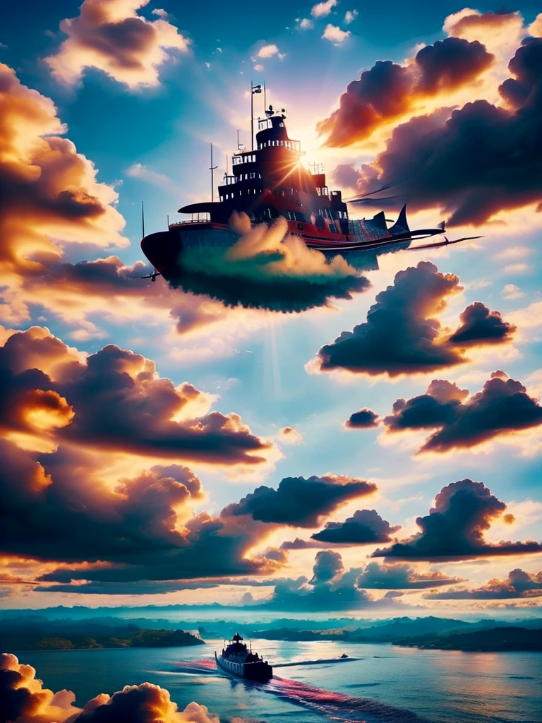 Blue ocean, blue sky and white clouds, hlaf floating red submarine, good quality, very details, red submarine, good weather, sunshine, beautiful epic picture
