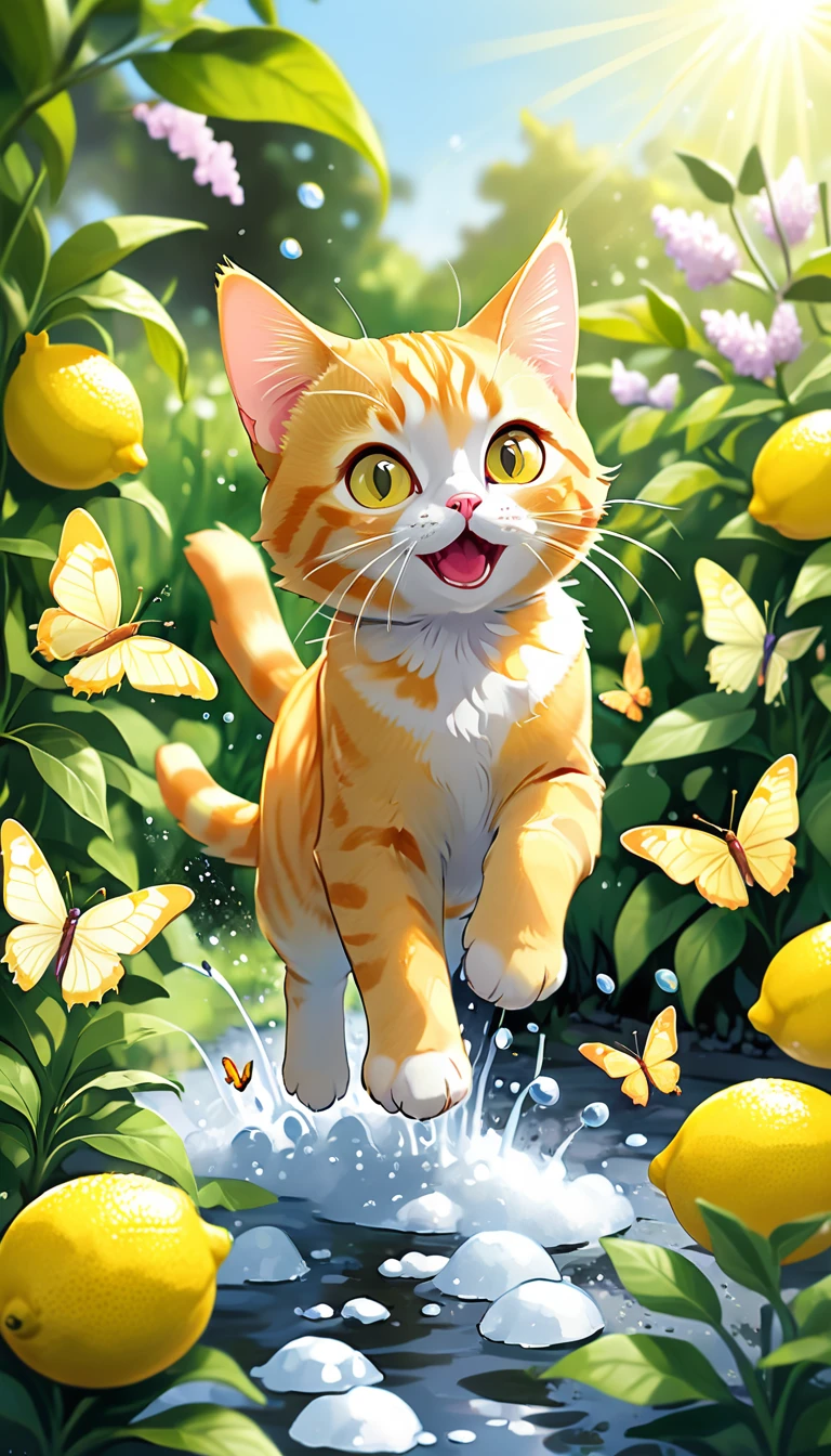 cartoony, ice cubes, lemon,Visual: yellow tabby cat, Visual: Lemon chases butterflies, pouncing and leaping in the sunny garden.

Narrator: "Exploring the garden, chasing butterflies..."