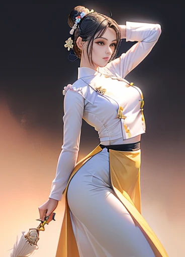 photorealistic, high resolution, masterpiec e best quality ultra-detailed, 1women. (m edium breast), hair bun, jesmine flower o n the head, mature female, solo, hips up, (wearing acmmsayarma outfit, acmmsaya rma white top with buttons, long sleeves), ((acmmsayarma black long skirt) yellow dress 