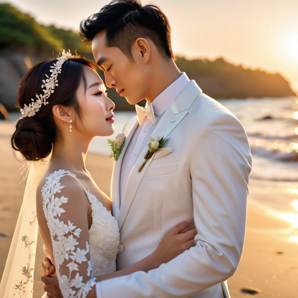 cinematographic style, cinematography, Tyndall effect, a beautiful couple standing forehead to forehead on a beach at sunset, the groom wearing a white tuxedo, the bride wearing a pristine white wedding dress, backlit, raytraced, rim lighting, hard shadow, (best quality,4k,8k,highres,masterpiece:1.2),ultra-detailed,(realistic,photorealistic,photo-realistic:1.37),HDR,UHD,studio lighting,ultra-fine painting,sharp focus,physically-based rendering,extreme detail description,professional,vivid colors,bokeh, フィルムグレイン