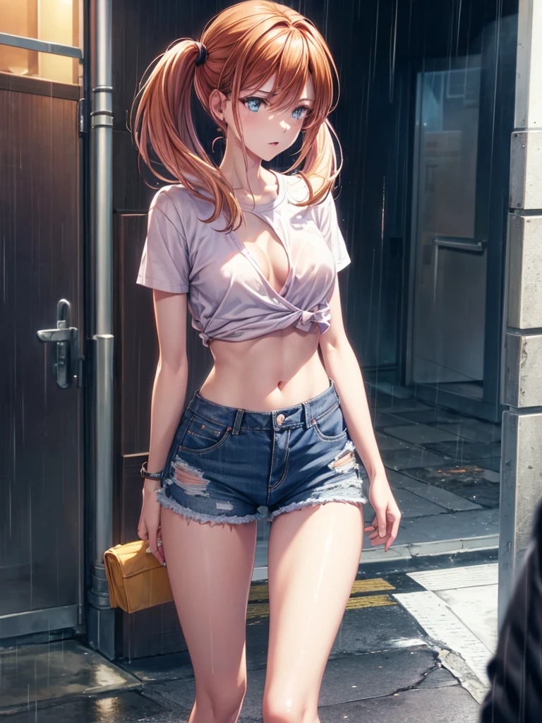 Girl, short tight shorts, Shirt unbuttoned, Bare breasts, chest visible, street  background, openlegs, Narrow passage between houses, night, rain, slim body, slim ass, Sneakers, In full growth, twin tail 