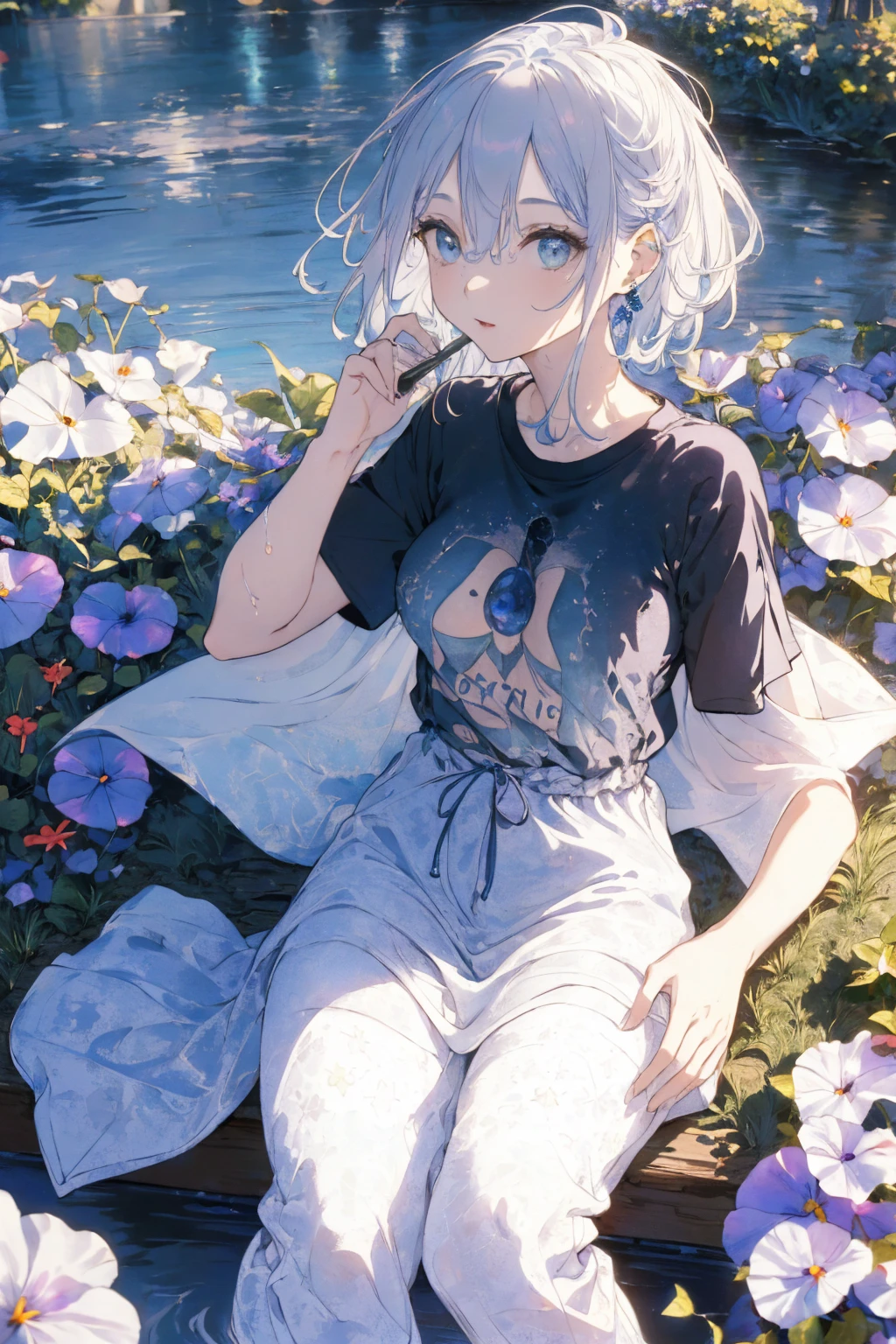 (water photo:1.1, t-shirt,  in blue waterfront garden:1.5), Masterpiece, best quality, (very detailed CG unity 8k wallpaper), (best quality), High definition RAW color art, Animation,sculptures, (black Marble Skin), (((Ultra detailed elegant))), Magical atmosphere, Detailed skin, Texture,(Intricately detailed, Fine detail, ultra-detail art), depth of fields, bokeh, Silky Touch, Hyper Detail, beautiful eyes, Elegant Face, (sitting on pastel white waterfront, morning glory), sparkle background, enormous breast:1.3, (silver hair), pastel purple, embarrassing smiley face, wide open udder, shorthair, guitar, upper body