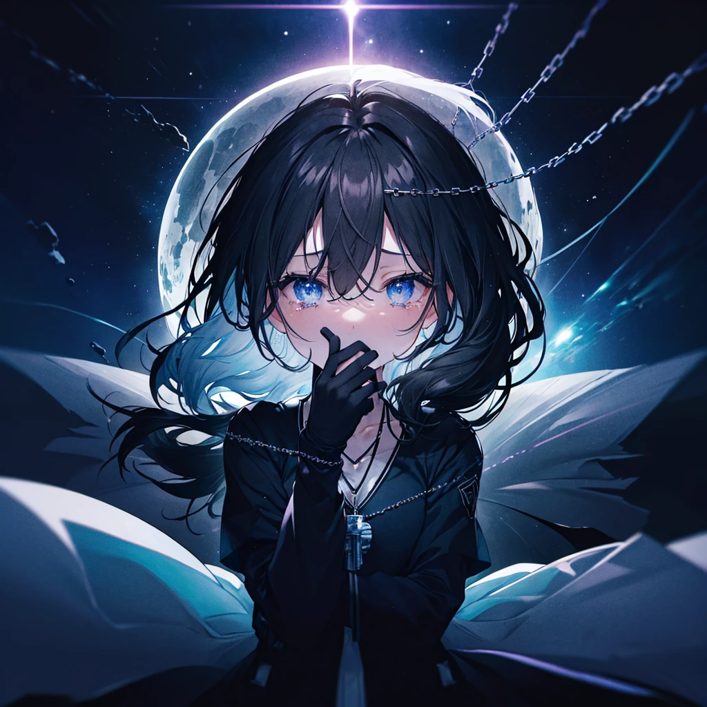 (((Pulled by chains)))　((High resolution　Black Hair　Long Hair　Dull blue eyes　uniform　Lonely　despair))　((necklace　tears　gloves))　(night　Distorted Space-Time　star　moon　)　Catch the wind　Light