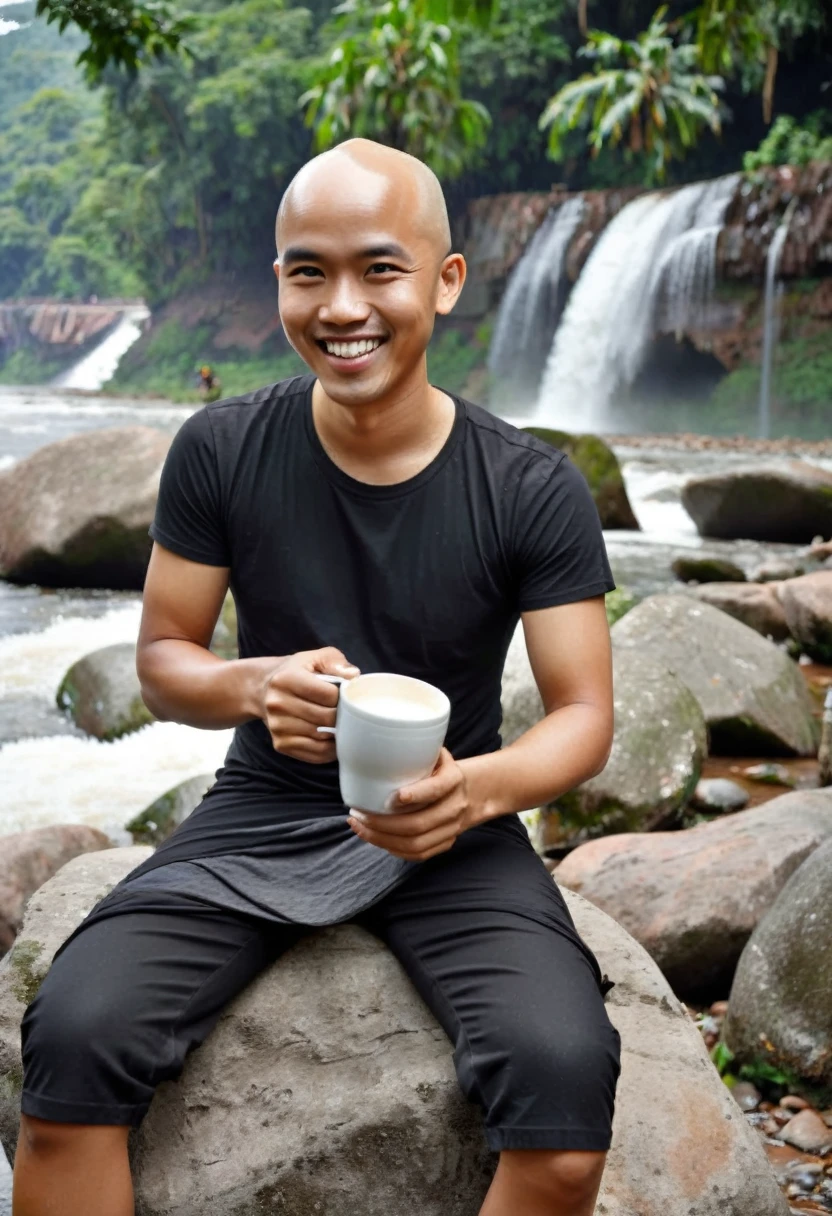 An Indonesian young man , bald head, which, smiling wearing a black t-shirt, and sheath. Sitting on a rock by the river, while holding a cup of coffee, facing to see some beautiful girls wearing kemban, who is washing clothes in the river. The background of the river, rocks, trees and waterfalls looks beautiful and amazing.