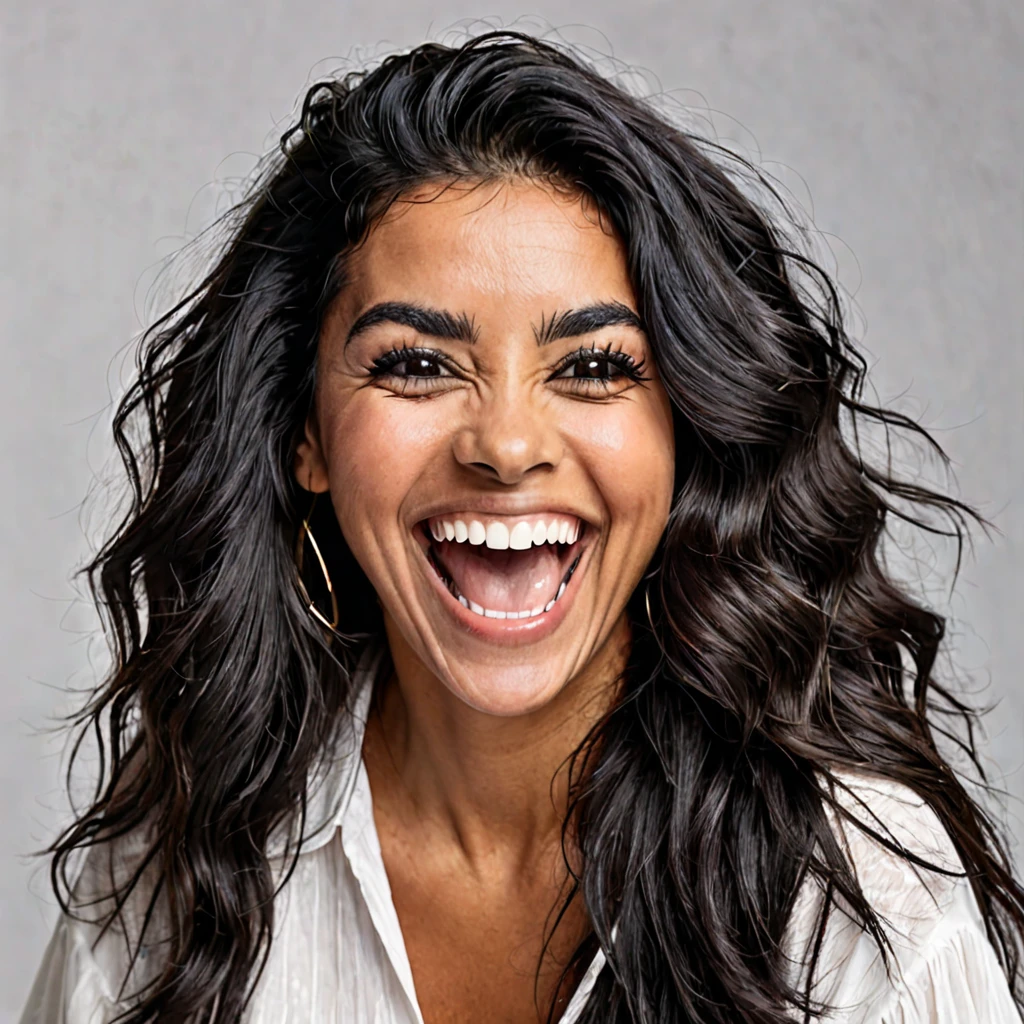 Portuguese woman with a huge shaggy beard, black hair, black eyes, mixed skin, laughing