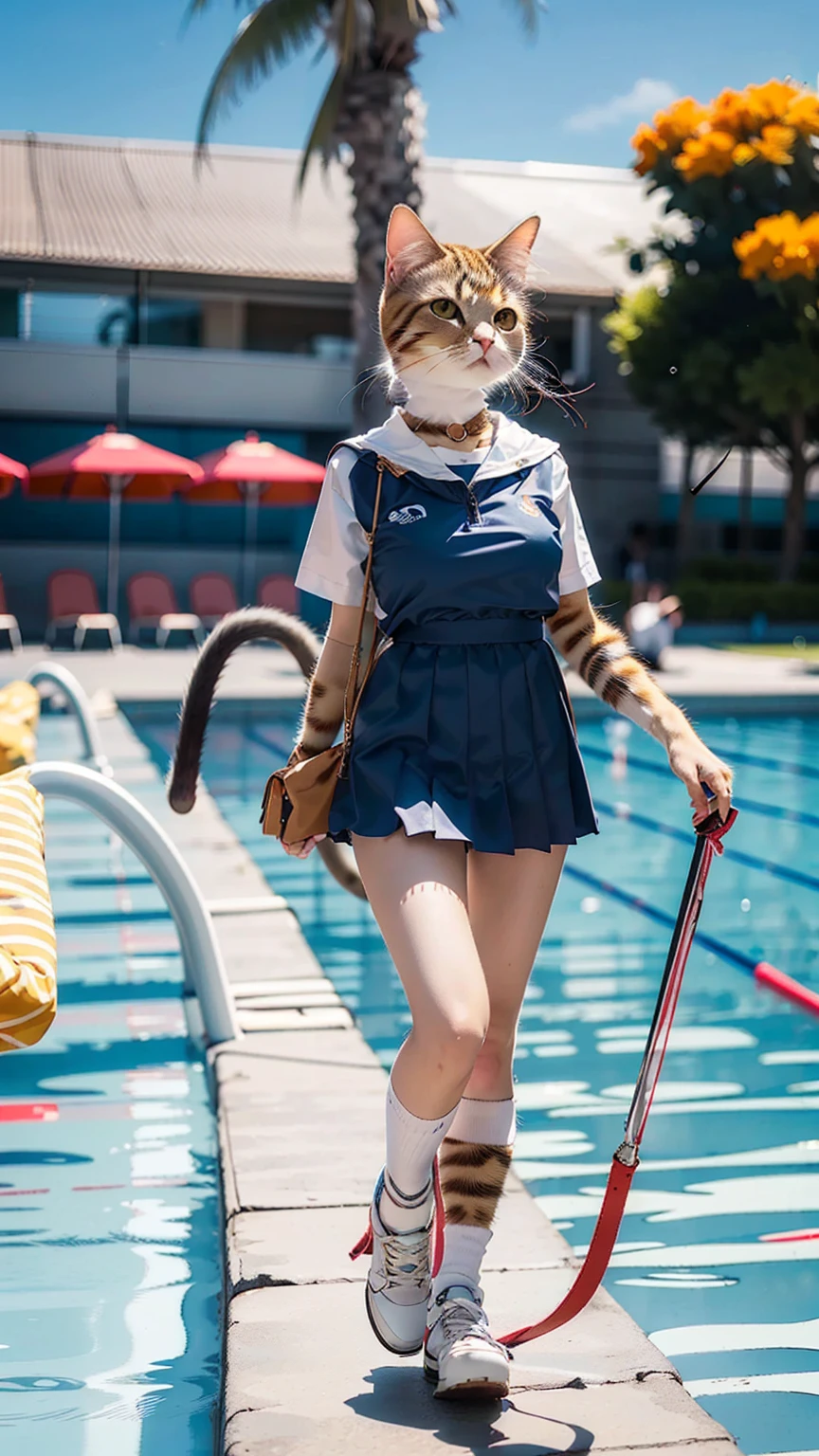 (Highest quality, masterpiece:1.2),pressure, Pleated skirt, 1 High school girl, Main cat, Depth of written boundary, High resolution, 超High resolution, 8K, Very detailed, Sun light, blue sky, At the school pool, Summer clothes for high school girls, Big Breasts