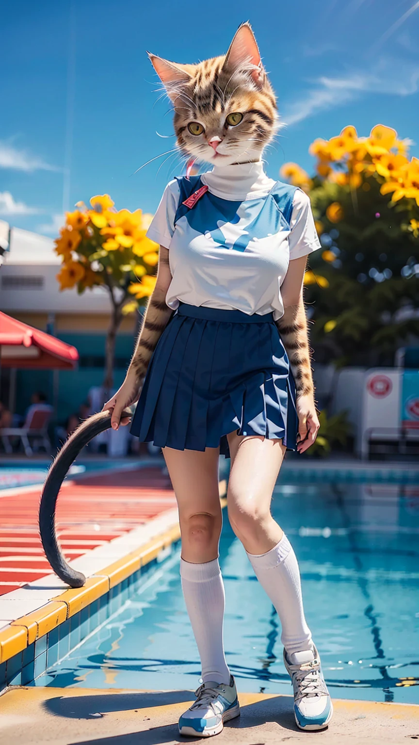 (Highest quality, masterpiece:1.2),pressure, Pleated skirt, 1 High school girl, Main cat, Depth of written boundary, High resolution, 超High resolution, 8K, Very detailed, Sun light, blue sky, At the school pool, Summer clothes for high school girls, Big Breasts