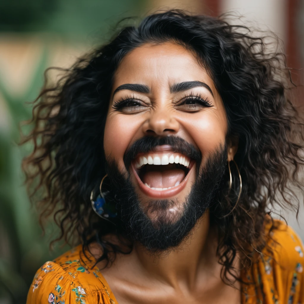 Portuguese woman with a huge shaggy beard, black hair, black eyes, mixed skin, laughing