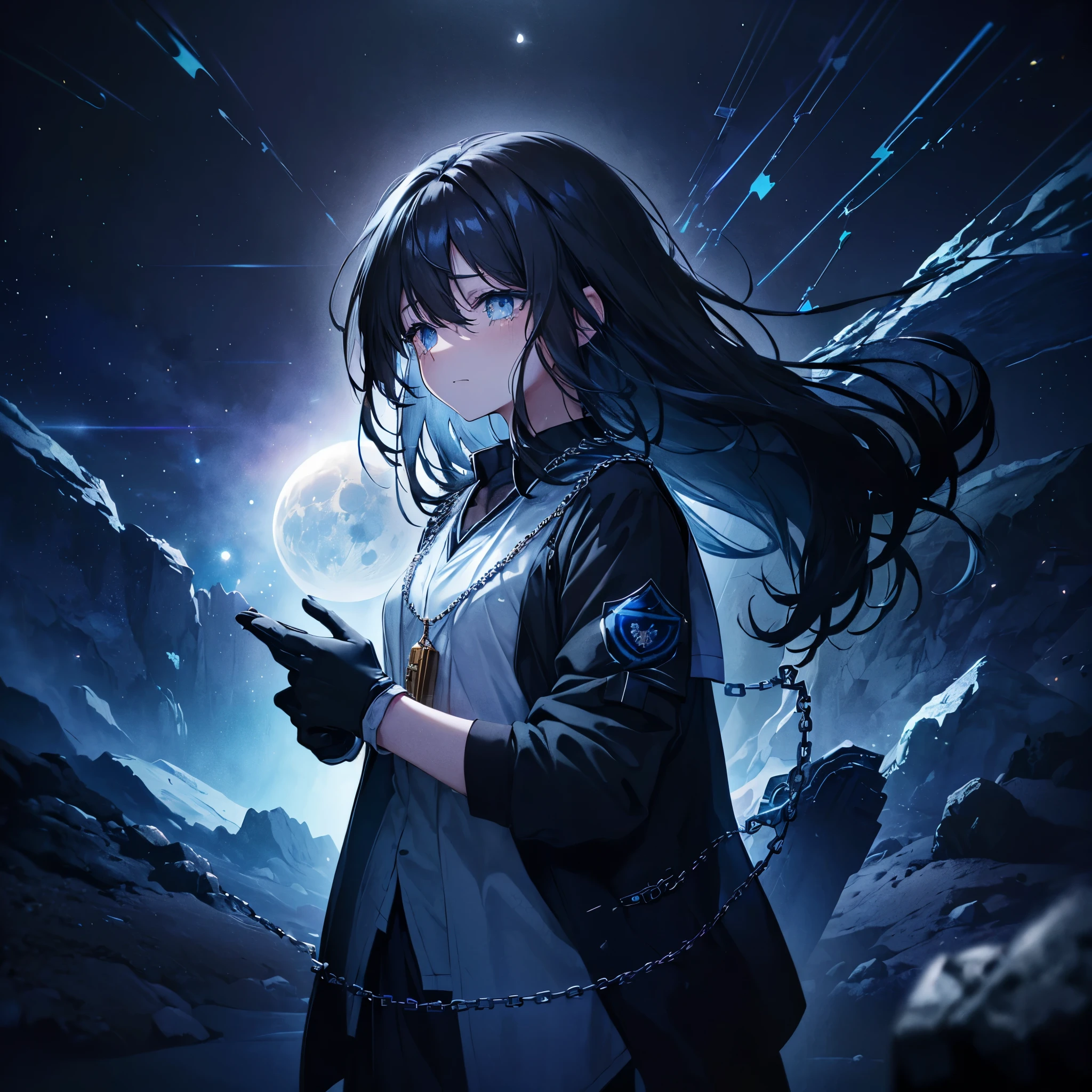 ((High resolution　Black Hair　Long Hair　Dull blue eyes　uniform　Lonely　despair))　((necklace　tears　gloves))　(New York at Night　Distorted Space-Time　star　moon)　Catch the wind　Light