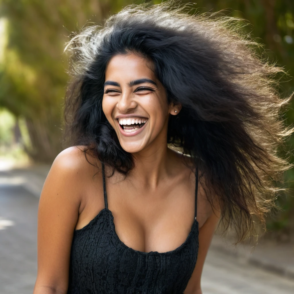 Portuguese woman with a huge shaggy beard, black hair, black eyes, mixed skin, laughing