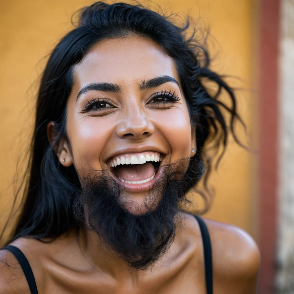 Portuguese woman with a huge shaggy beard, black hair, black eyes, mixed skin, laughing