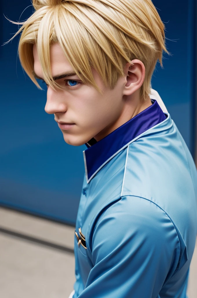Create an image of a young anime man with blonde hair, wearing a tight blue uniform. The character must be leaning forward, with arched back. The camera perspective should be from a low angle, focusing on the character&#39;s posture. Avoid details of the environment, focusing on the figure of the character.