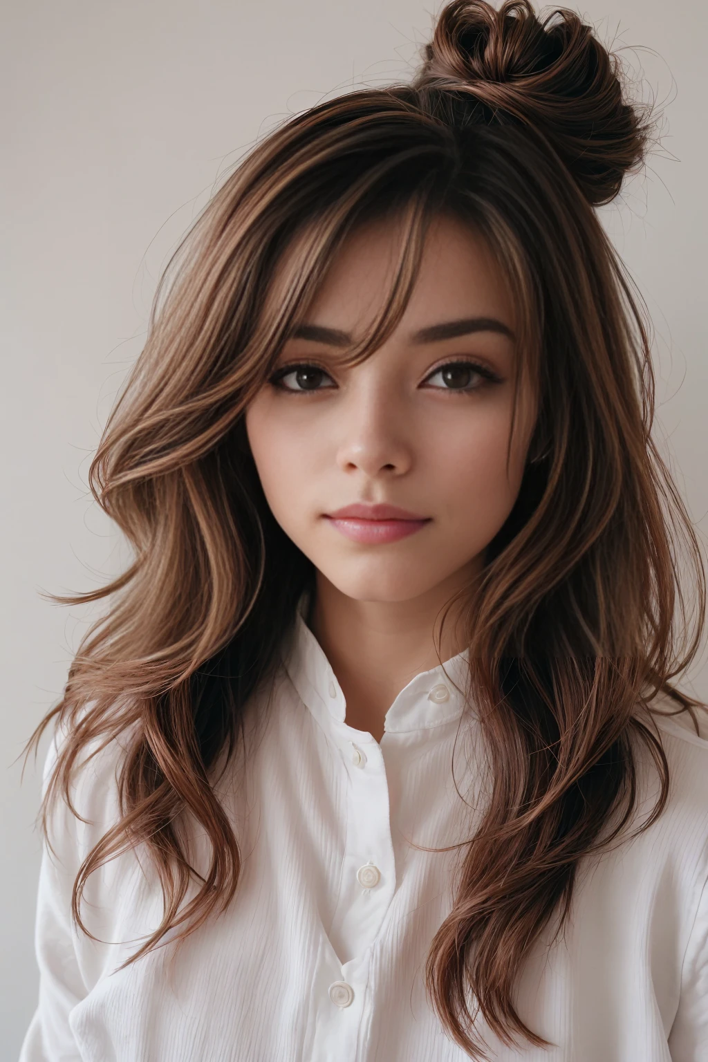 Photographie hyperéaliste, mignon , 30 ans, longs cheveux bruns, photo nette, Regarder le spectateur, les cheveux brun, cheveux châtain foncé, corps, photo réaliste d'une fille. avec des couleurs derrière pour vraiment croire que ses vrai