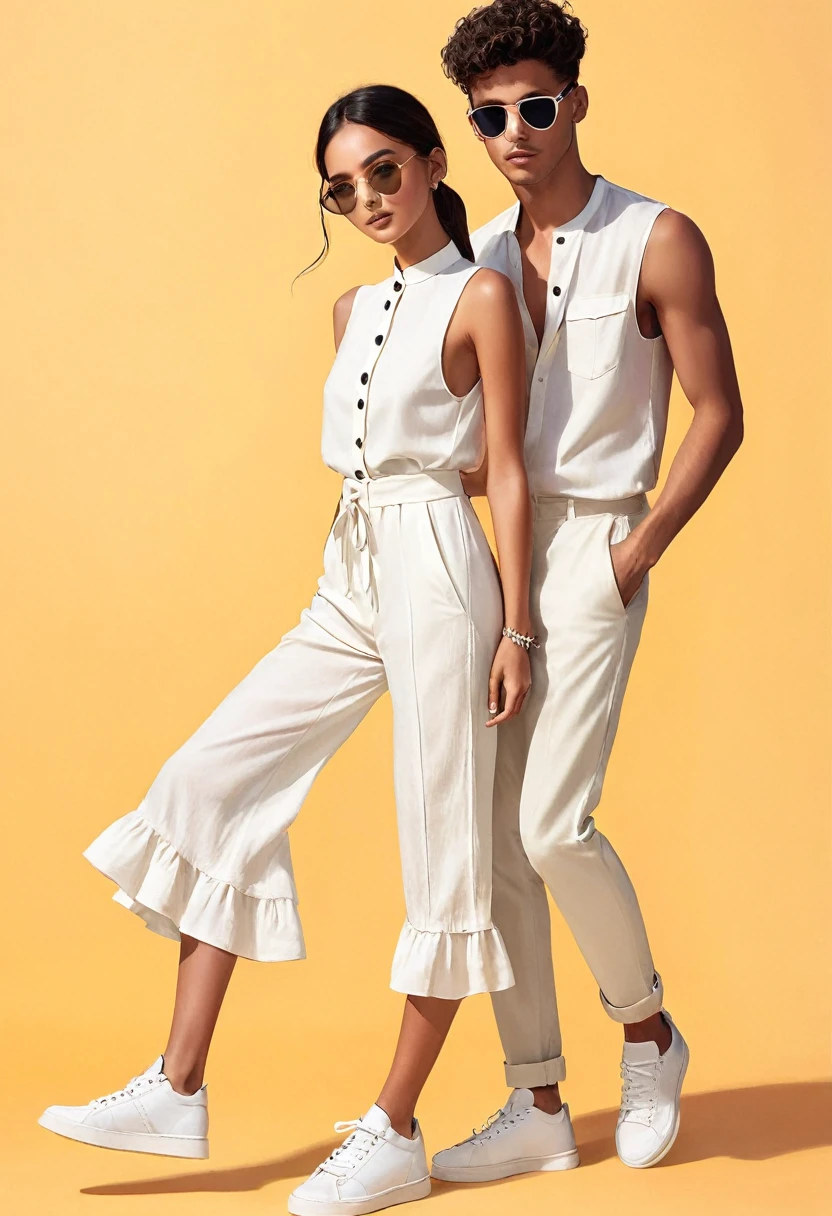 candid fashion illustration of young Mixed race man and woman, both aged 22 year old, ((showcase fashion look book in a off-White outfits)), inspired by Zara Summer collection in elegant young bohemian style. The man wears  Relaxed-fit shirt in a linen and cotton blend with front button fastening. Long sleeves with buttoned cuffs, paired with Joggers in cotton twill with covered elastication and a drawstring at the waist. Side pockets, and a back pocket and leg pockets with a flap and press-studs. Covered elastication and a hook and loop tab at the hems. He completes his look with white sneakers, round sunglasses and bracelet. The woman complements him in a white Ankle-length dress, Calf-length, sleeveless dress in woven fabric featuring a round, frill-trimmed neckline and a keyhole opening with minimal detail, Her ensemble includes an craft accessorizes with white sneakers, Captured in a dynamic angle, ((close-up)), ((pastel color background)), sketching, realistic pencil lines, imperfect drawing, fading sketch, fashion look book, fashion illustrator,--sameseed.