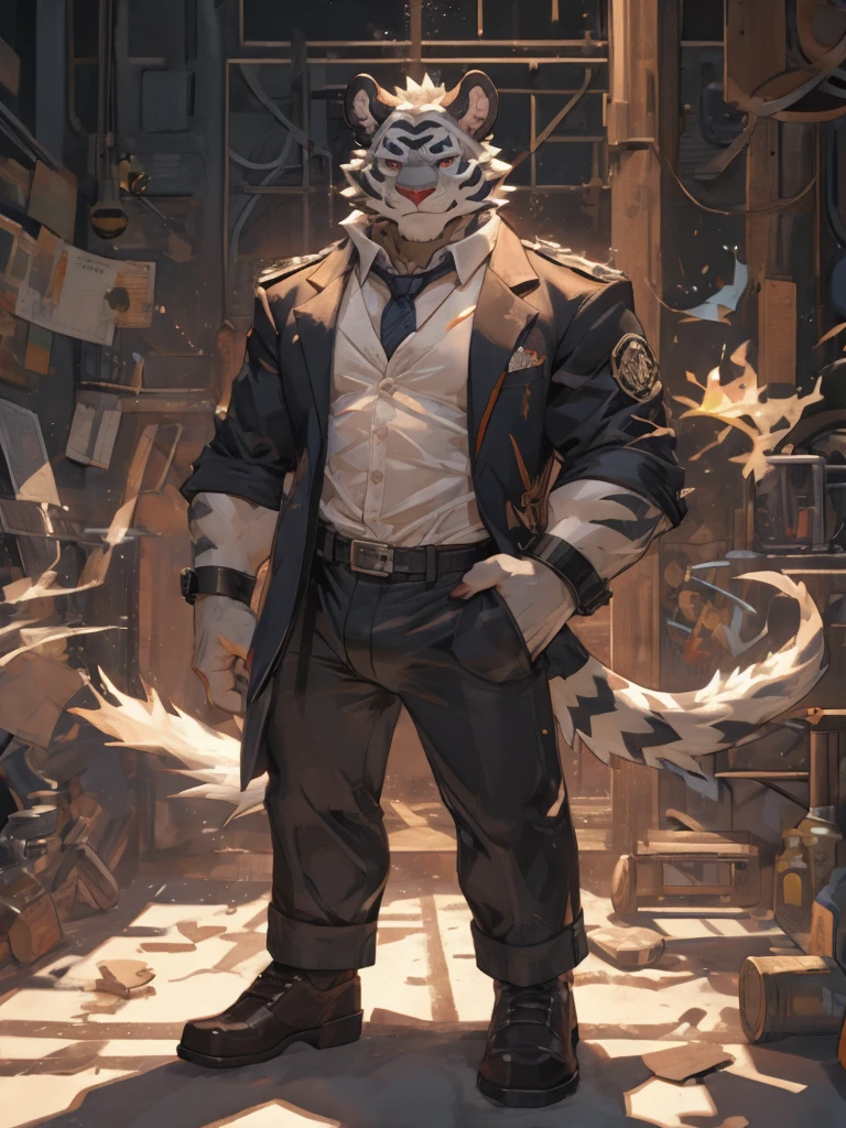 {{bara extremely handsome white tiger,}} {{white fur,}} white, wearing ornate trench coat, trousers, white dress shirt and necktie, white fluffy furry body and limbs, loafers, very tall, very broad shoulders, narrow waist, muscular arms, massive pecs, purple eyes, very long legs, sitting on swivel chair with legs spread, from below perspective, massive bulge, sophisticated hot look, sexy pose, full body, sunlight casting over, 3/4 view, best quality, high quality, silver earring on left ear, sultry smirk