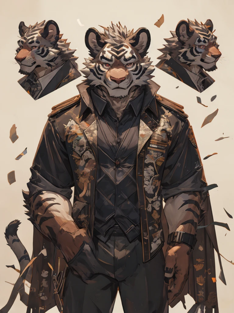 {{bara extremely handsome white tiger,}} {{white fur,}} white, wearing elegant ornate suit jacket, trousers, white dress shirt and necktie, white fluffy furry body and limbs, loafers, very tall, very broad shoulders, narrow waist, muscular arms, massive pecs, purple eyes, very long legs, massive bulge, sophisticated hot look, 3/4 view, best quality, high detail, CG image, character splash art, silver earring on left ear, sultry smirk