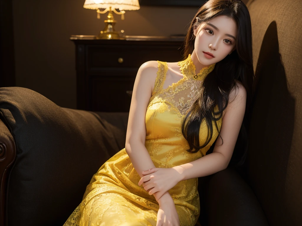 ((masterpiece)), (best quality),(detailed),Girl wearing yellow lace dress,Black Silk