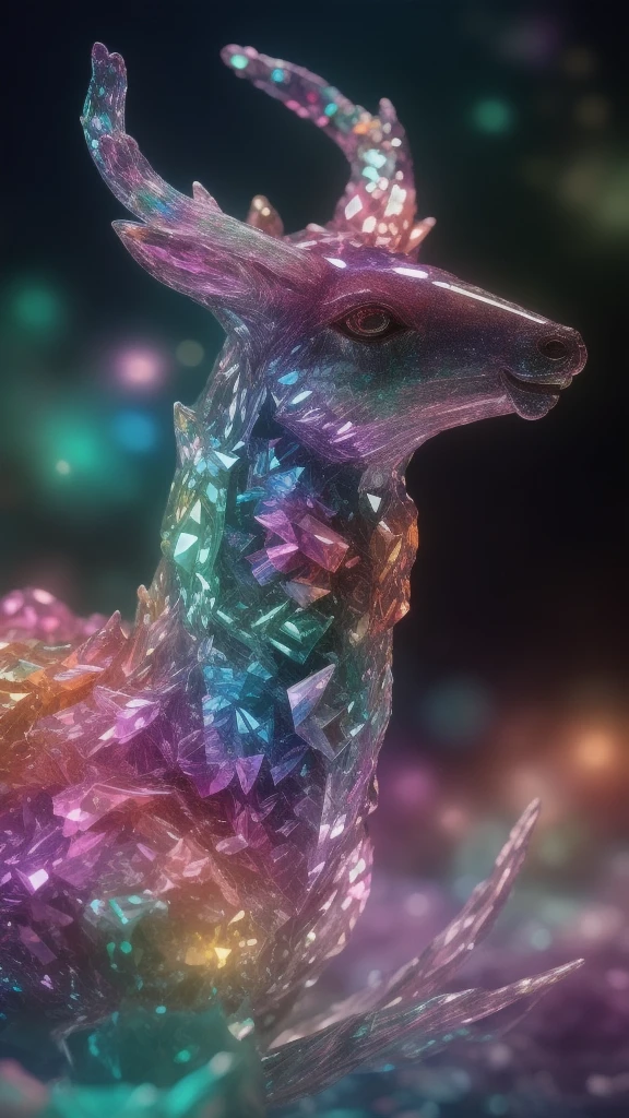 crystals fantasy, close up, crystal deer is running in the jungle,
fantasy, galaxy, transparent,
shimmering, sparkling, splendid, colorful,
magical photography, dramatic lighting, photo realism, ultra-detailed, 4k, Depth of field, High-resolution