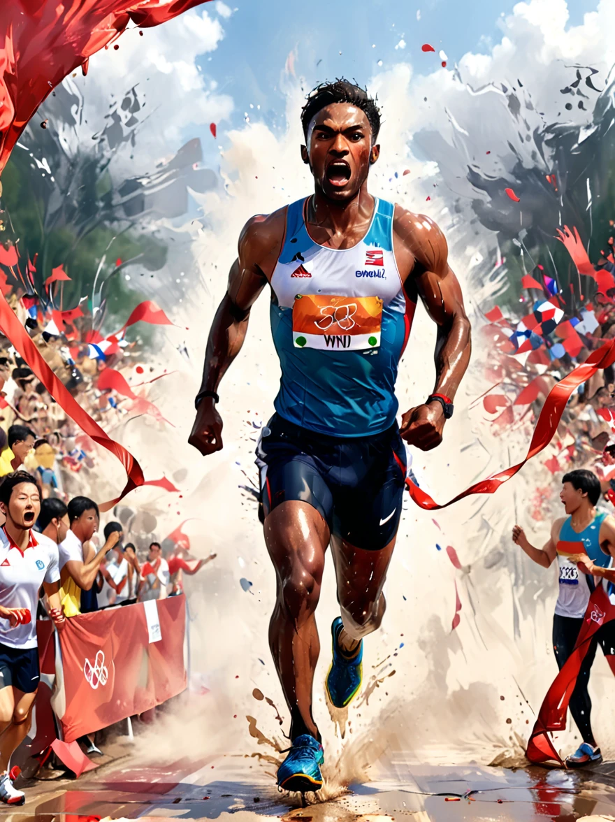 A photo of a diverse male athlete in mid-stride, on the verge of breaking a red ribbon at the finish line of an Olympic race, He is dripping with sweat and his face shows intense determination, Spectators and the Olympic symbols are visible in the background, creating an atmosphere of intense competition and excitement