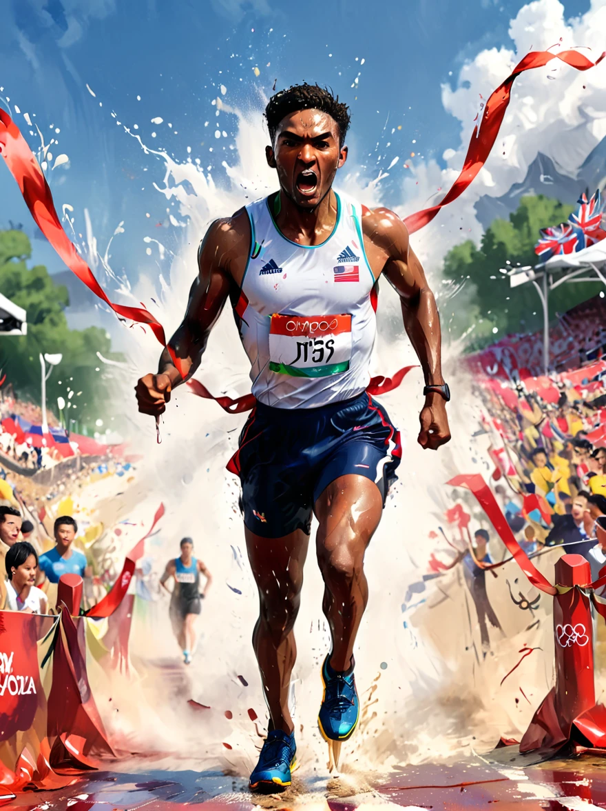 A photo of a diverse male athlete in mid-stride, on the verge of breaking a red ribbon at the finish line of an Olympic race, He is dripping with sweat and his face shows intense determination, Spectators and the Olympic symbols are visible in the background, creating an atmosphere of intense competition and excitement