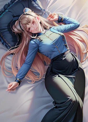 photorealistic, high resolution, masterpiec e best quality ultra-detailed, 1women. (m edium breast), hair bun, jesmine flower o n the head, mature female, solo, hips up, (wearing acmmsayarma outfit, acmmsaya rma blue top with buttons, long sleeves), ((acmmsayarma black long skirt) yellow dress 