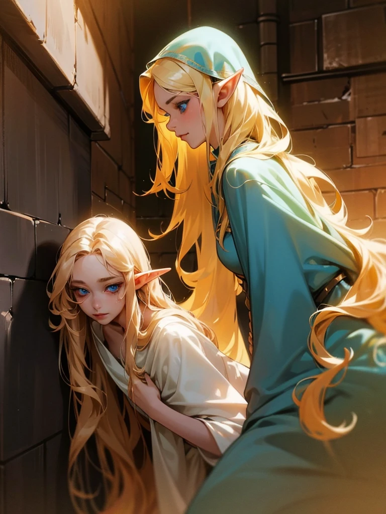 A beautiful elf was violated by a soldier in a dark alley. She has long wavy golden hair, blue eyes, and fair skin. The nobility was violated.