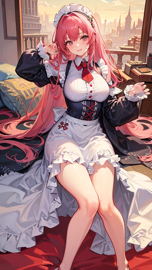 Highest quality, shape, Very detailed, In detail, High resolution, 8k wallpaper, Perfect dynamic composition, Beautiful details, Center of chest, Natural color lip, Random sexy poses,smile,20-year-old girl,Huge , A woman with long curly pink hair wearing a silver dress and a red frilly apron。