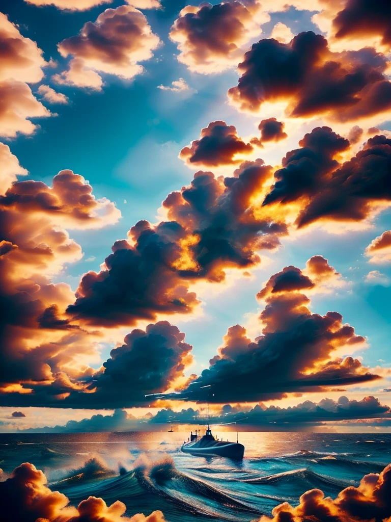 Blue ocean, blue sky and white clouds, red submarine, good quality, very details, red submarine, good weather, sunshine, clear vibe, blue theme, beautiful epic picture