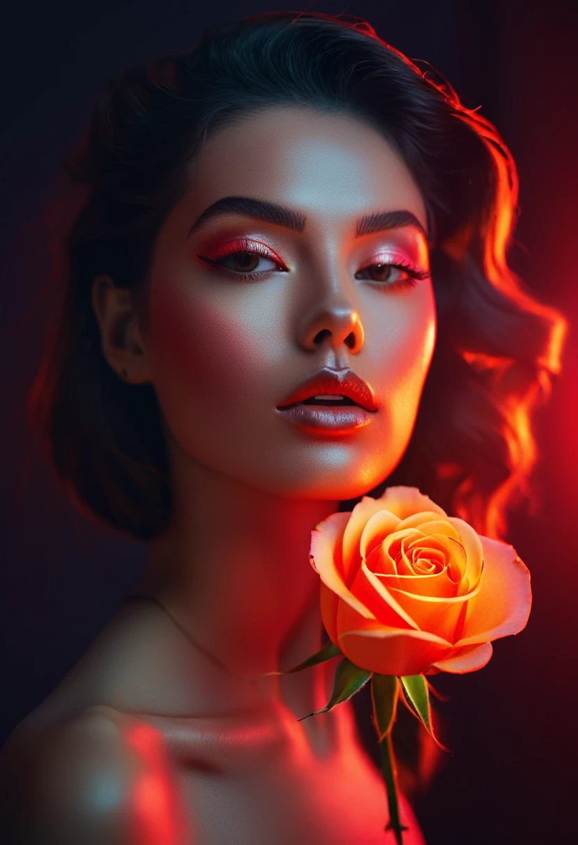 a woman with a neon rose on fire, flawless skin, whimsical photography style, photo captured by an Arriflex 35BL camera using Canon K25 prime lenses, cinematic, dramatic lighting, ultra clear, breathtaking surreal masterpiece. sensual pose