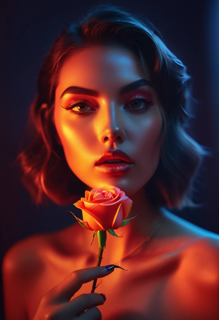 a woman with a neon rose on fire, flawless skin, whimsical photography style, photo captured by an Arriflex 35BL camera using Canon K25 prime lenses, cinematic, dramatic lighting, ultra clear, breathtaking surreal masterpiece. sensual pose