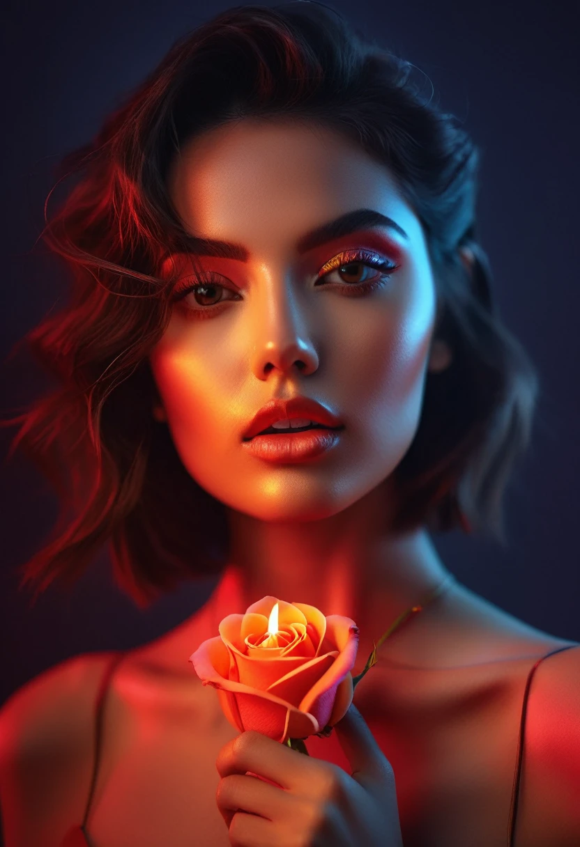 a woman with a neon rose on fire, flawless skin, whimsical photography style, photo captured by an Arriflex 35BL camera using Canon K25 prime lenses, cinematic, dramatic lighting, ultra clear, breathtaking surreal masterpiece. sensual pose