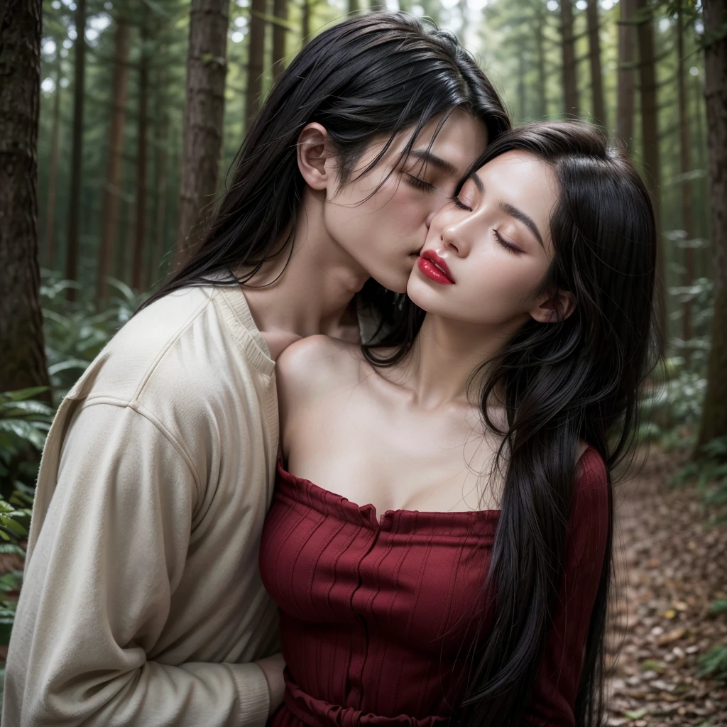 1 girl, long black hair , clear skin, big brown eyes, Slim appearance, Red lips, (Closing the eyes, kissing man, Clothes, medieval) 2 Man , short black hair, broad chest , Clothes, medieval, 2 Man cabello corto (embraced, Closed eyes, kisses, forest)