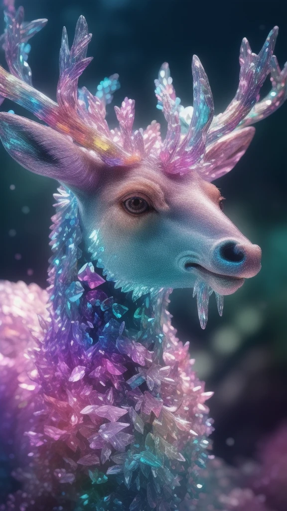 crystals fantasy, close up, crystal deer is running in the jungle,
fantasy, galaxy, transparent, 
shimmering, sparkling, splendid, colorful, 
magical photography, dramatic lighting, photo realism, ultra-detailed, 4k, Depth of field, High-resolution
