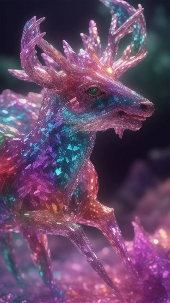crystals fantasy, close up, crystal deer is running in the jungle,
fantasy, galaxy, transparent,
shimmering, sparkling, splendid, colorful,
magical photography, dramatic lighting, photo realism, ultra-detailed, 4k, Depth of field, High-resolution