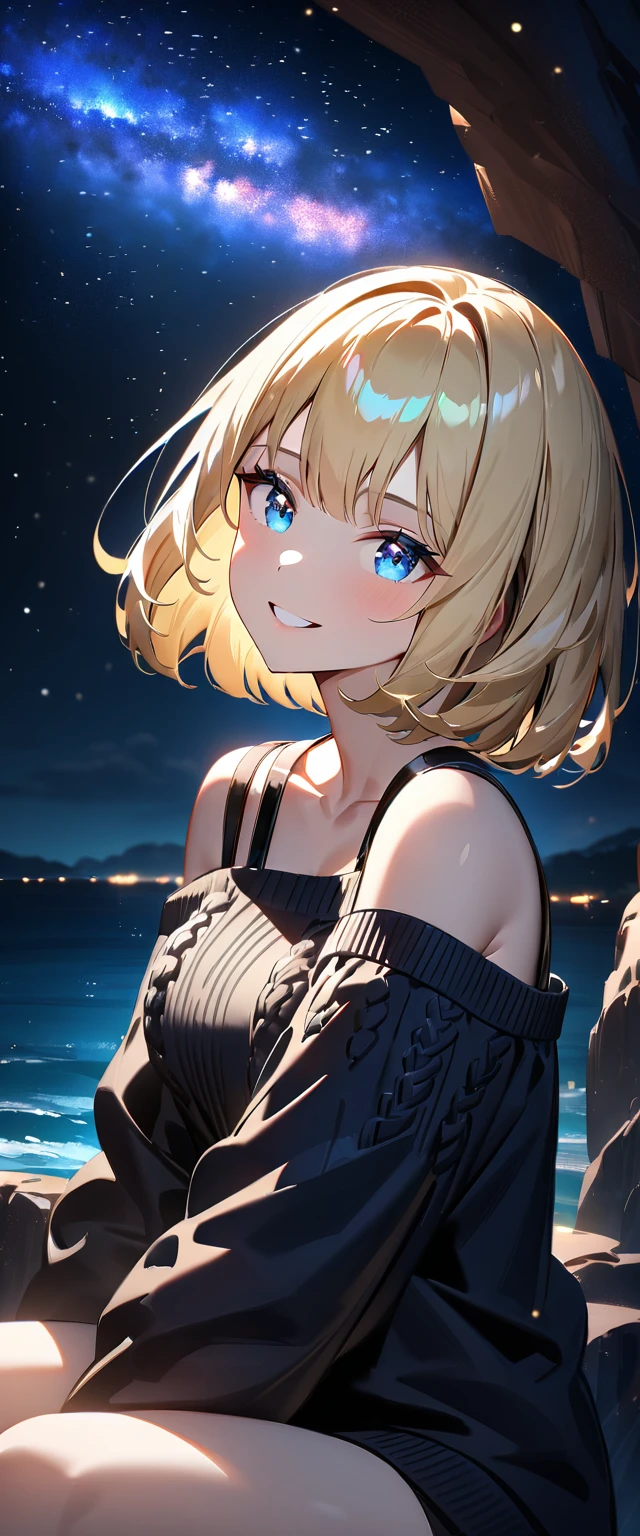 ((reaching)), (((focus on face))), ((extreme close up face)), (((a beautiful starry sky, the Milky Way shining beautifully in the night))), ((off-shoulder sweater:1.3, Quite thick shoulder straps)), ((black sweater)), ((Aran sweater)), ((((from side)))), ((sitting on the very high cliff)), wavy hair, inward curled hair, sea, ((blond hair, bob cut:1.3)), breasts, teenager, (looking at viewer), oversized clothes, puffy long sleeves, collarbone, head tilt:1.3, (((blue eyes))), happy smile, (((anime style))), (best quality, 4K, 8K, highres, masterpiece:1.2, ultra-detailed, ultra-detailed eyes, HDR, uhd, studio lighting, ultra-fine painting, sharp focus, physically-based rendering, extreme detail description, professional, vivid colors, bokeh)