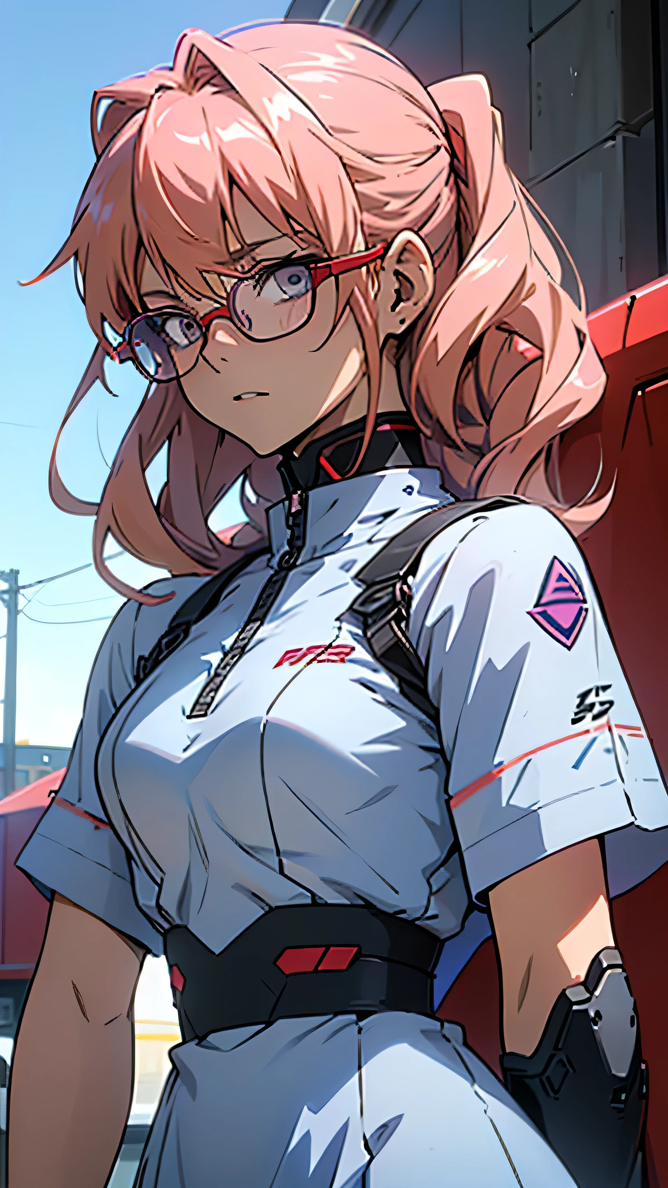 anime,An illustration,purple robot,Mobile Suit,Dom,Light blue check dress,Red glasses,Blonde,Light blue mesh hair,beautiful girl,Sora Sakurano,One person