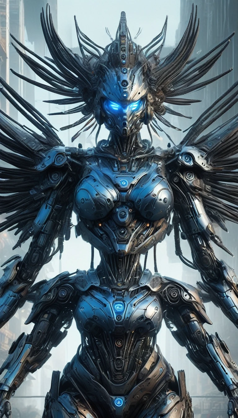 a female cyborg warrior in a post-apocalyptic cyberpunk landscape, highly detailed cybernetic mechanical body, bright blue power circuits, advanced futuristic armor, dark and moody lighting, dramatic science fiction atmosphere, Dystopian urban background, deep-shadows, temperamental core palette, work of art, 8K, hyper realist, photorrealistic