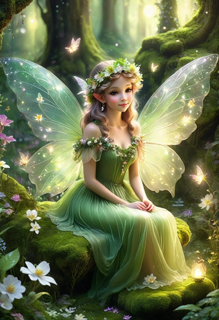 "A beautiful fairy with delicate, translucent wings sitting on a moss-covered rock in an enchanted forest. She wears a green dress adorned with flowers, and a floral crown on her head. The fairy is surrounded by lush greenery and white blooming flowers, with soft sunlight filtering through the foliage, creating a magical and serene atmosphere."